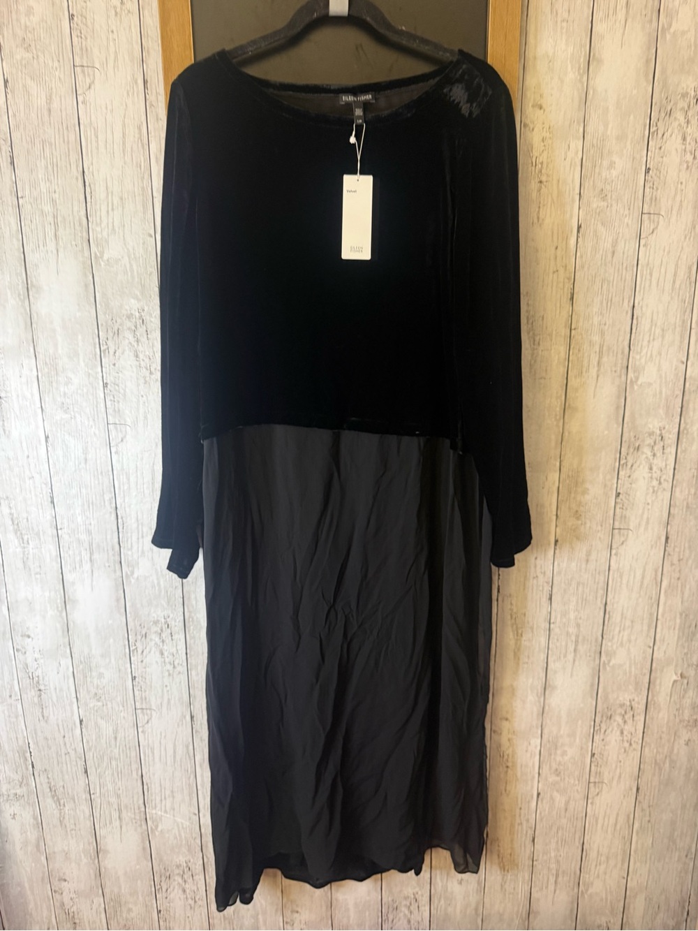 NWT Eileen Fisher L Women's Black Dress Combination Of Silk, Tensel And Velvet